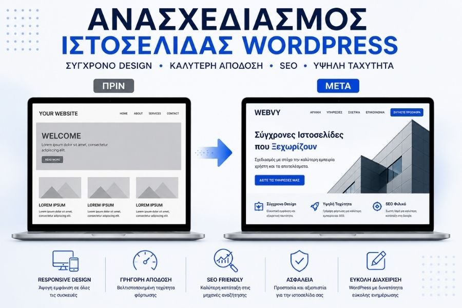 Ανασχεδιασμός ιστοσελίδας WordPress πριν και μετά με σύγχρονο design και βελτιωμένη απόδοση
