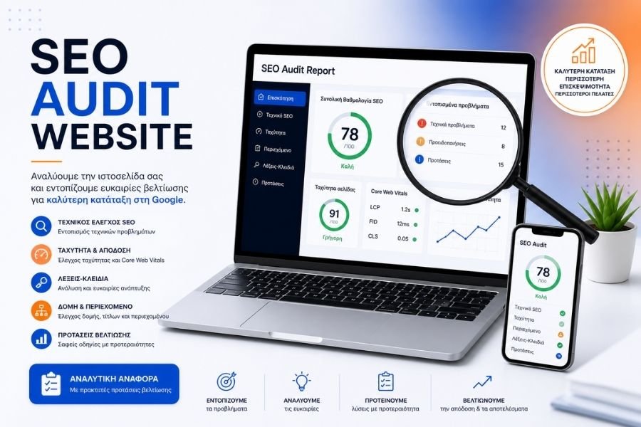SEO audit ιστοσελίδας με ανάλυση απόδοσης, τεχνικό έλεγχο και προτάσεις βελτίωσης για καλύτερη κατάταξη στη Google