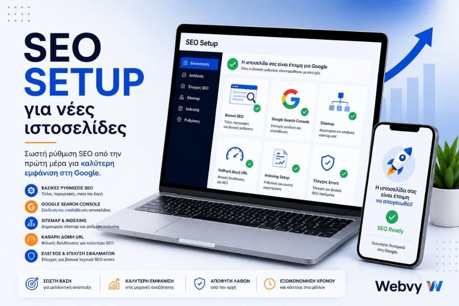 SEO setup για νέες ιστοσελίδες με ρυθμίσεις Google Search Console, sitemap και βασικό SEO για σωστή εμφάνιση στη Google
