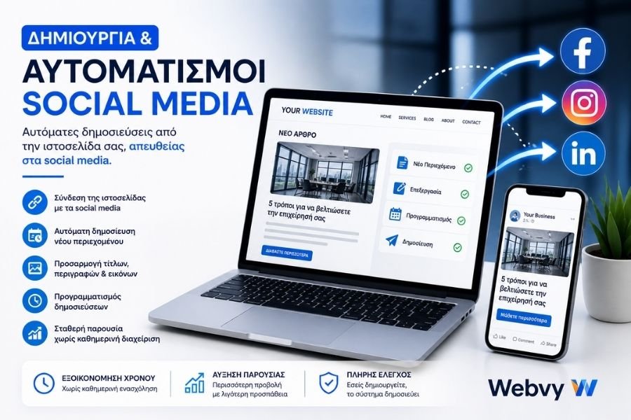 Αυτοματισμοί social media από ιστοσελίδα με αυτόματη δημοσίευση σε Facebook, Instagram και LinkedIn μέσω Webvy
